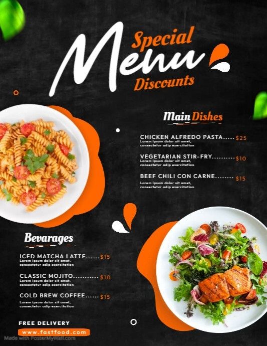 Mørkt menukort med pastaret, salat, priser og tydelige sektioner