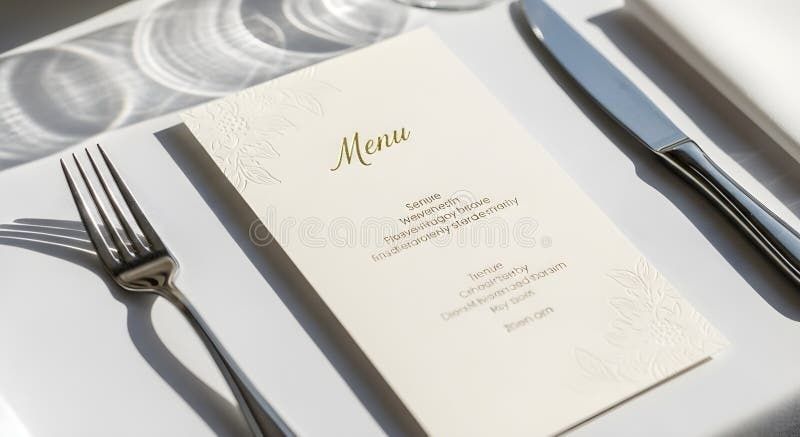 Elegant menukort på et hvidt bord med bestik og bløde skygger
